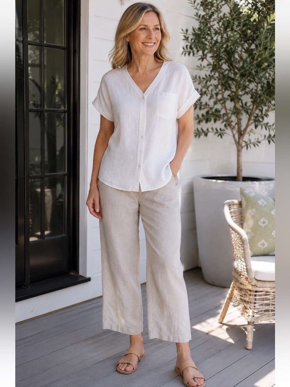 J.Jill 💯 % Linen White Ivory Button Front V-Neck Top